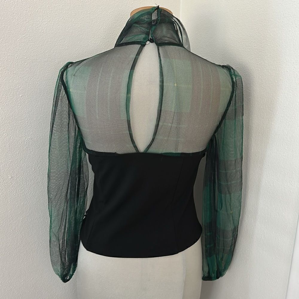 7th Ave New York black corset green sheer tartan plaid blouse top S small - Picture 3 of 9